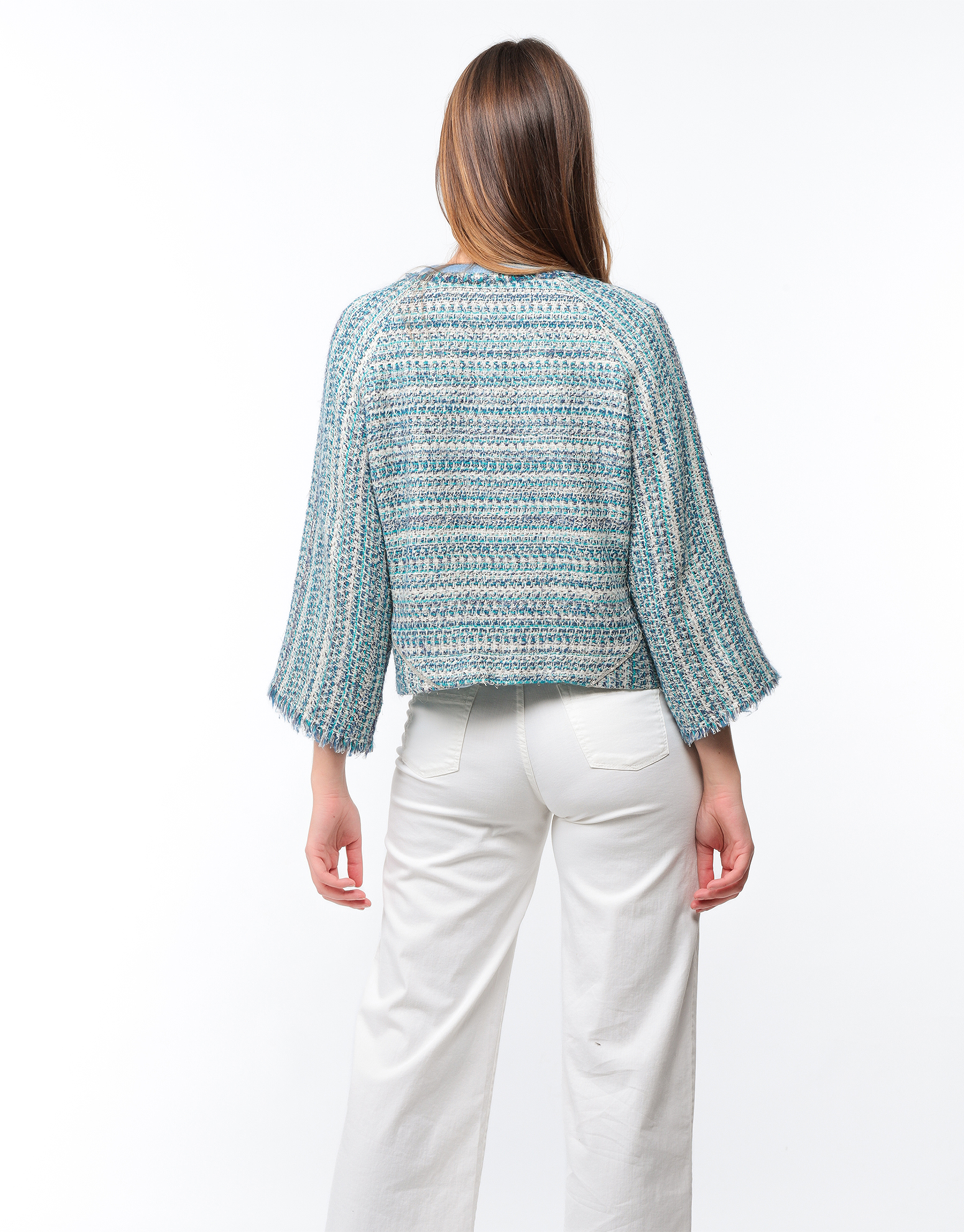 Veste courte droite à découpes en tweed bleu et blanc ou en soie
